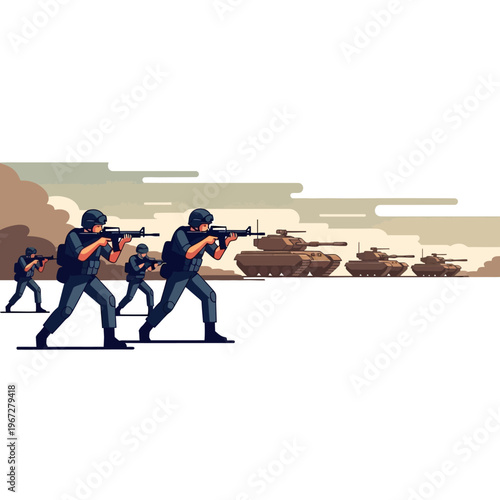 Soldiers advancing with assault rifles and tanks in the background, military operation illustration