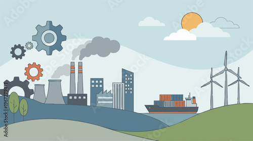 Industrial landscape with factories, cargo ship, and wind power generation