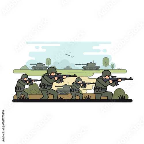 Soldiers in formation with tanks advancing on battlefield illustration