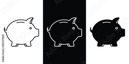 A set of three piggy bank icons in different colors and styles for financial concepts