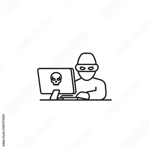 Hacker Icon: Anonymous Cybercriminal Using Computer with Skull Symbol