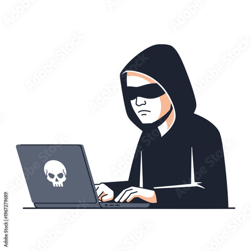 Hacker in a hoodie using a laptop with a skull logo, cybercrime concept