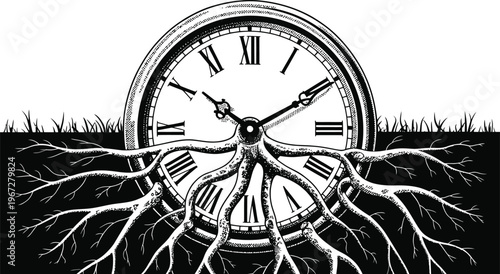 Timeless clock with intricate roots growing through grass isolated on transparent background