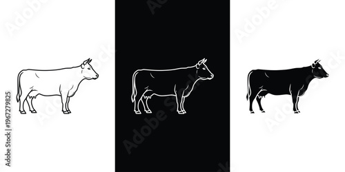 A set of cow illustrations in different shades and styles on a white background