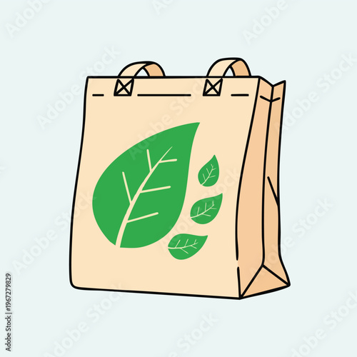 Illustration of a brown paper shopping bag with green leaf logo on a plain background.