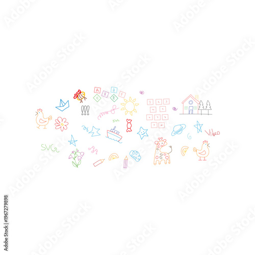 Kids doodle icon set colorful outline vector