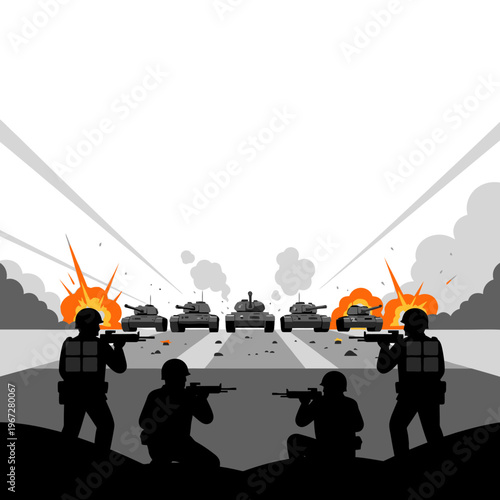 Military battle scene with soldiers and tanks, explosions and smoke, vector illustration