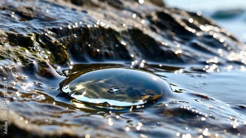Close up of water droplet on coastal rock with sunlight reflection