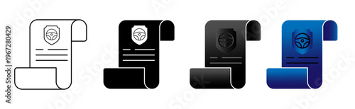 Car Insurance Policy Document Icons Set with Steering Wheel Shield