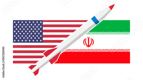 A graphic illustration featuring a missile crossing over the flags of the united states and iran