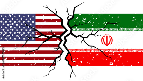 The flags of the United States and Iran are separated by a jagged crack, representing geopolitical tension