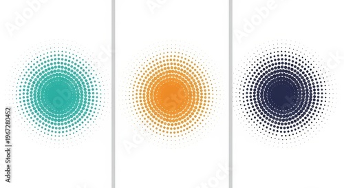 Set of three circular halftone patterns in teal, orange, and dark blue, isolated on white background