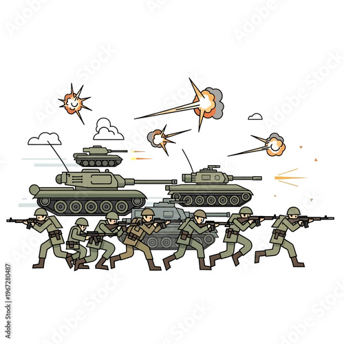 Military Offensive: Soldiers Advance with Tanks Under Fire, Explosions, War Scene