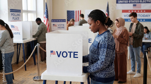 African american woman and other diverse voters casting ballot in voting booths at US polling place on election day