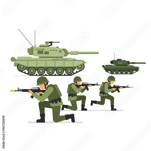 Military Soldiers and Tanks Combat Scene Flat Design Illustration
