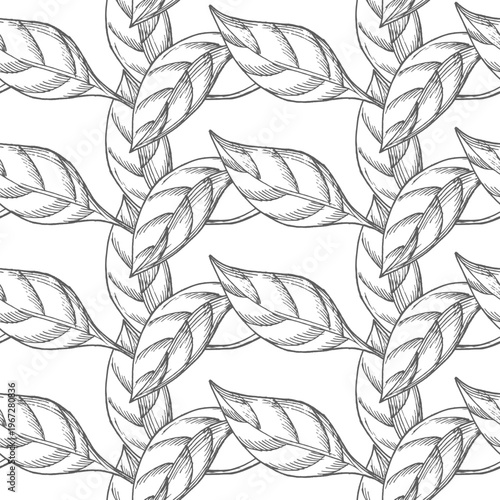 Seamless pattern of the leaves. Vector ink styled handmade illustration. For packaging design, cards, cover, prints, product labels and fabric.