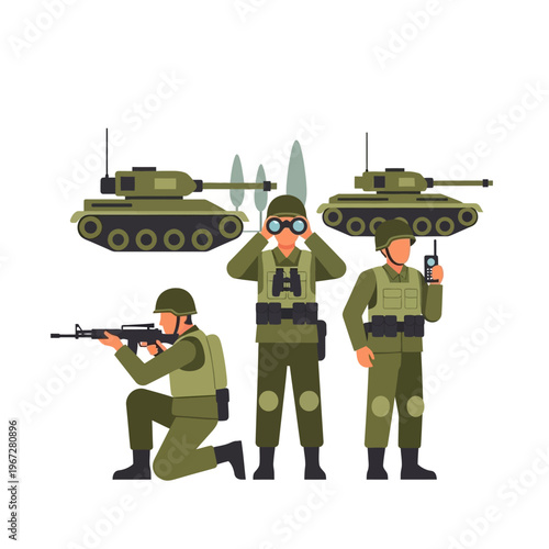 Military Soldiers with Tanks and Binoculars, Strategic Warfare Concept