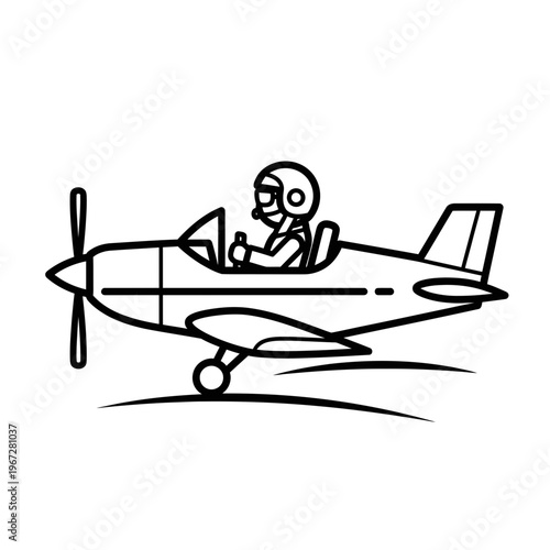 Pilot in a small airplane flying through the air with a propeller.