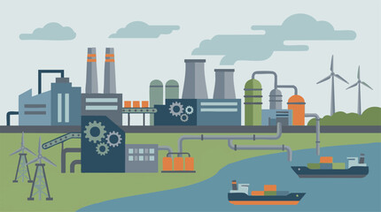 Leinwandbilder Olivgrün Flat design industrial landscape with factories, wind turbines, and cargo ships  © Drawingbox