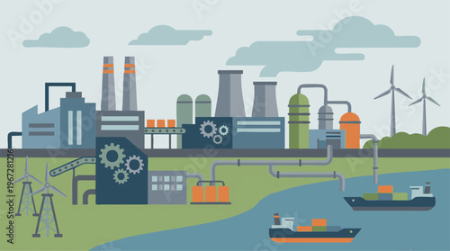 Flat design industrial landscape with factories, wind turbines, and cargo ships