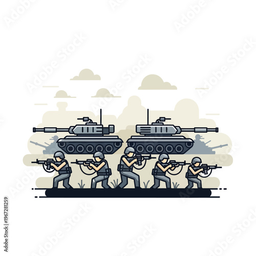 Modern Military Soldiers and Tanks Combat Formation Flat Design