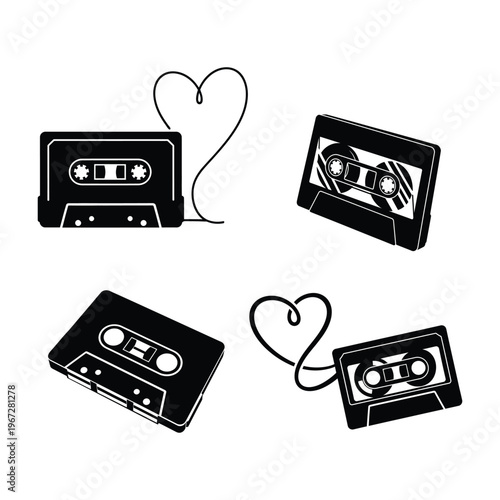 A collection of vintage cassette tapes and heart shapes in a minimalist black and white style