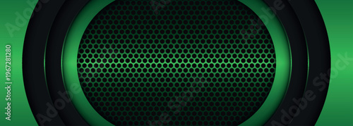 Futuristic technology background with carbon fiber pattern and glowing green geometric layers. Modern graphic template design for banner and social media.