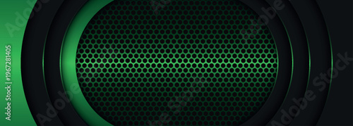 Futuristic technology background with carbon fiber pattern and glowing green geometric layers. Modern graphic template design for banner and social media. EPS. 2