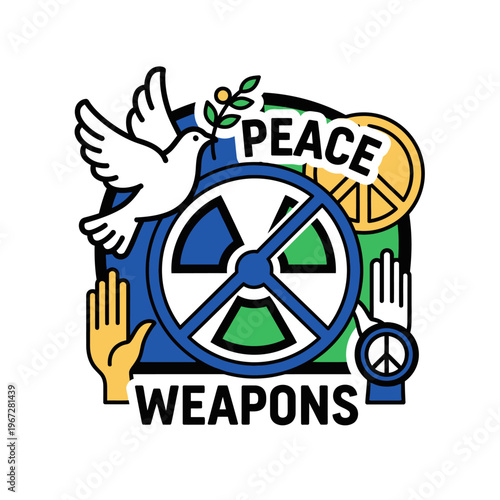 Peace vs Weapons Symbol: Dove, Hands, Radiation, Peace Sign, No War Concept