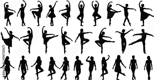 Ballet dancer silhouettes set, graceful ballerina and male dancers performing poses, elegant dance action isolated on white background, vector illustration.