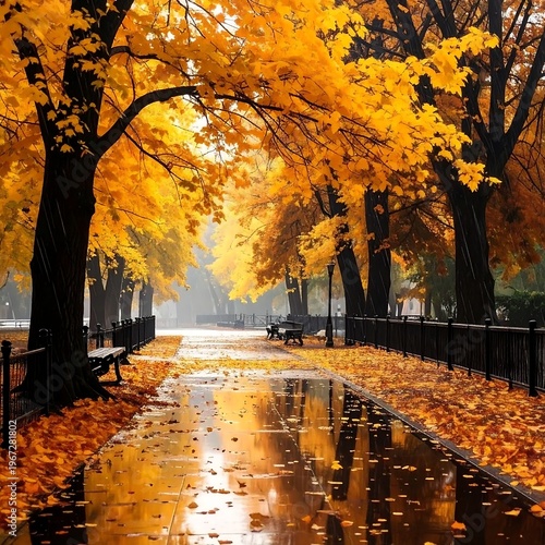 A serene wet pathway lined with vibrant yellow trees