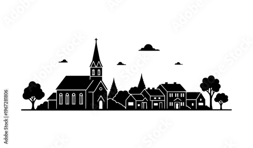 Church houses trees silhouette vector countryside landscape illustration