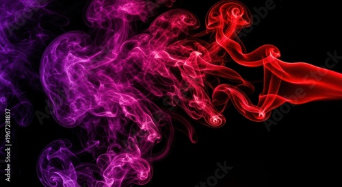 Abstract colorful smoke swirls on black background, vibrant red and purple gaseous flow, artistic fluid motion for creative design