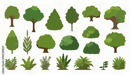 Stylized cartoon trees bushes plants vector foliage collection set