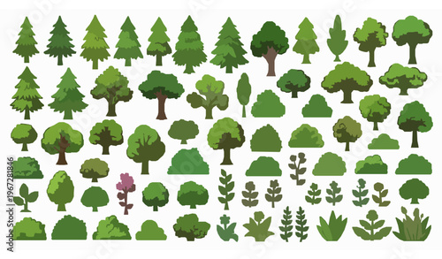 Cartoon trees bushes plants vector set stylized foliage collection