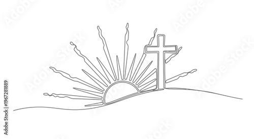Cross on hill with rising sun.