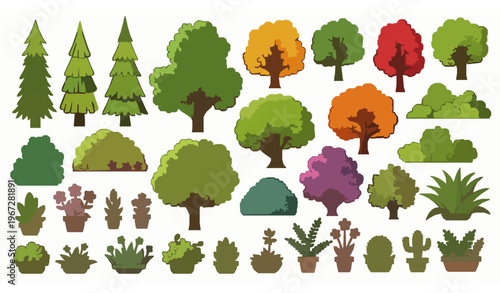 Cartoon vegetation vector set trees bushes shrubs 2D game assets