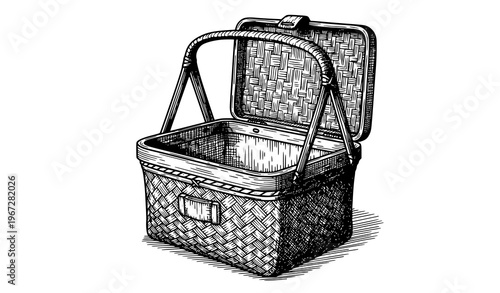 Picnic basket sketch vector empty bamboo woven basket illustration
