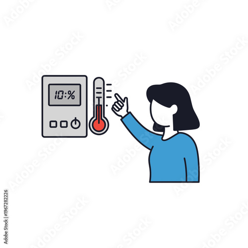 Woman pointing at thermometer and humidity display measuring environment conditions.