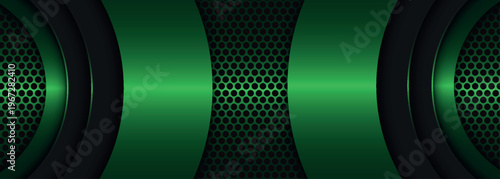 Futuristic technology background with carbon fiber pattern and glowing green geometric layers. Modern graphic template design for banner and social media. EPS. 5
