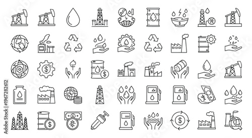 Collection of linear icons representing oil industry ecology and energy