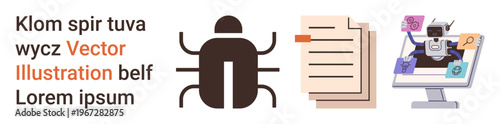 Data security, malware protection, tech innovation, artificial intelligence, coding, information systems. Bug icon, documents AI-powered computer. Data security and malware protection concept