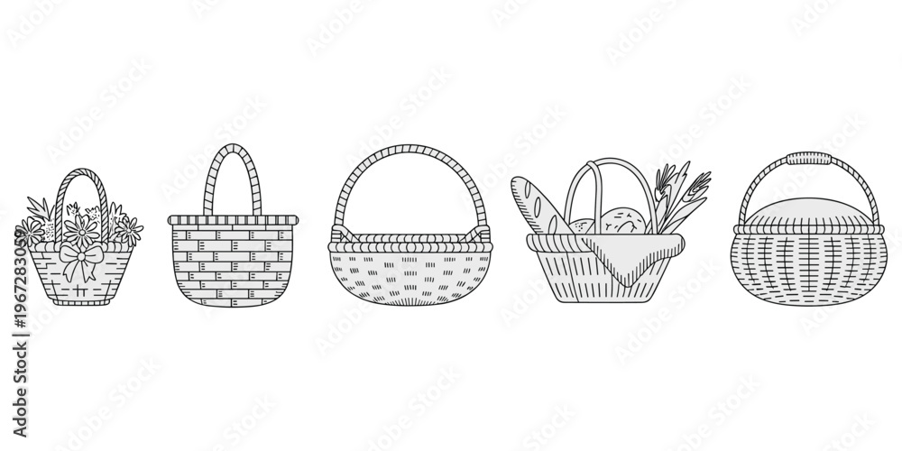 Obraz premium Assortment of Wicker Baskets for Picnics and Storage Keywords: basket, wicker, woven, picnic, storage, container, handle, rustic
