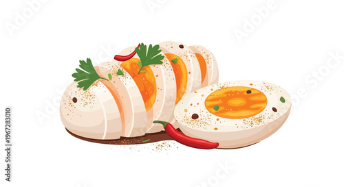 A delicious plate of sliced boiled eggs with herbs and spices on a white background