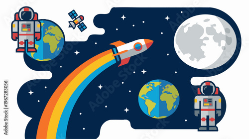 Flat design illustration of space exploration with rocket, astronauts, and planets