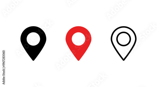 Map location pin icons in solid black, solid red, and outlined styles with circular holes, minimalist geolocation markers on white background, navigation and mapping symbols.