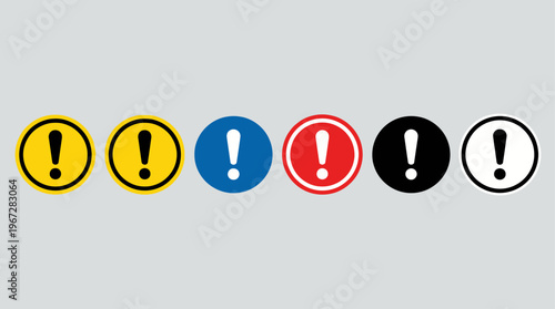 Circular alert icons with exclamation marks in yellow, blue, red, black, and white variations, minimalist design on gray background, representing warnings, notifications, and safety alerts.