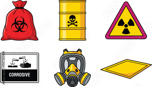 A hazardous materials bag, barrel, and warning signs indicate a dangerous environment with a gas mask and caution tape.