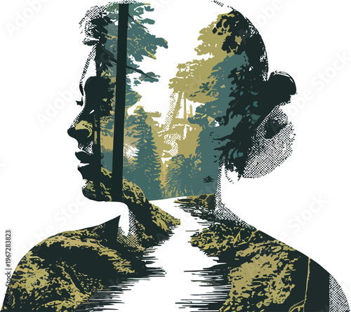 Creative illustration of two faces with forest landscape inside them isolated on transparent background