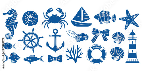 Blue Nautical Icons With Lighthouse Anchor Boat And Marine Life Keywords: nautical, marine, sea, ocean, beach, sailing, boat